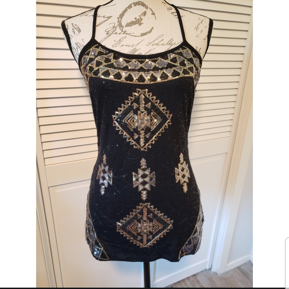 Sequined Gold, Black, & Silver Patterned Tank